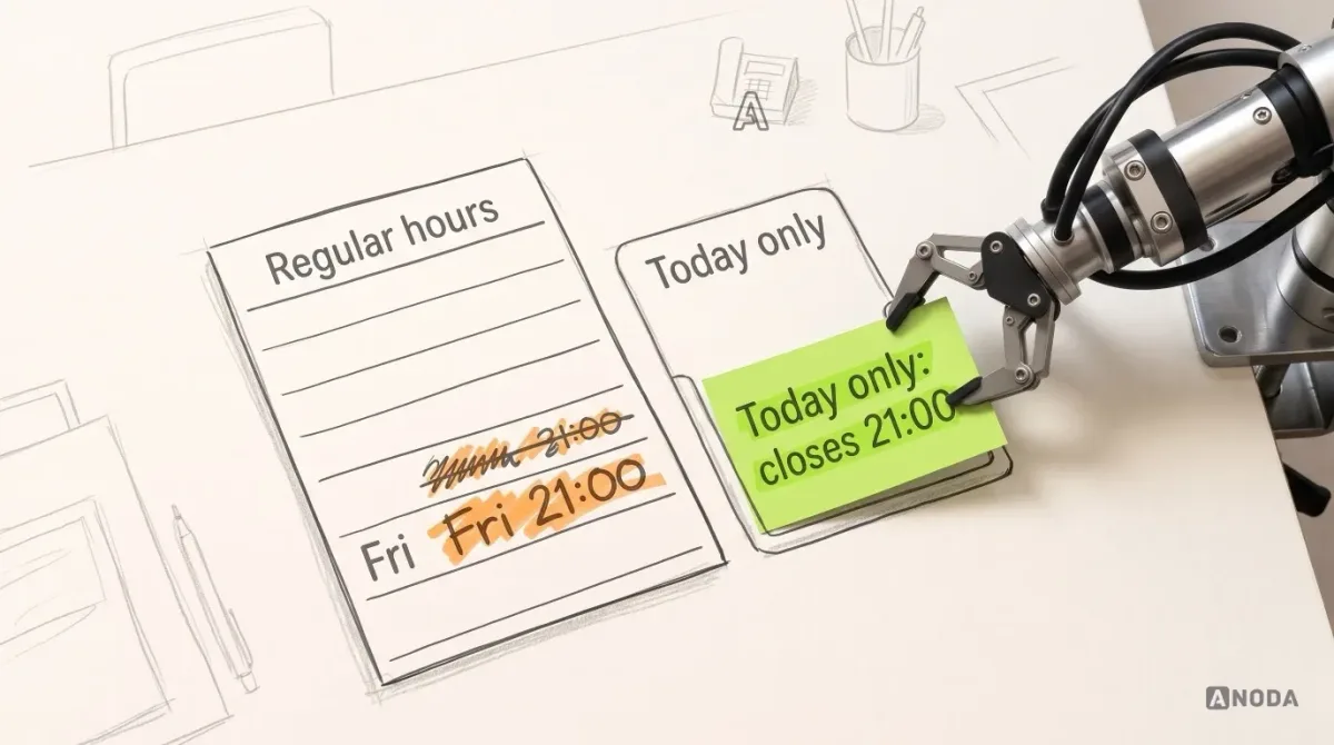 Mixed-media illustration: a drawn weekly schedule card labelled “Regular hours” with an orange scrawl “Fri 21:00” written over the Friday row, and beside it an empty slot labelled “Today only”; a real steel arm from a table clamp at the right edge slides a lime card reading “Today only: closes 21:00” into the slot.