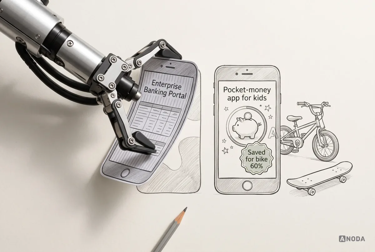 Mixed-media illustration: a real steel arm lifts a grey drawn phone labelled “Enterprise Banking Portal” away from a bright drawn phone labelled “Pocket-money app for kids” with a piggy bank and a “Saved for bike 60%” sticker, next to a drawn bike, a skateboard and a pencil.