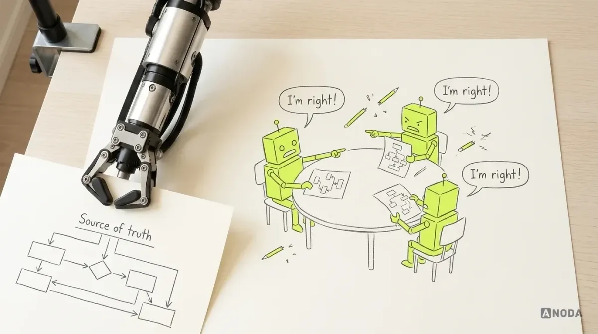 Mixed-media illustration: three drawn lime robots around a table each hold a different version of the same flow diagram and point at each other under speech bubbles reading “I’m right!”, while a real steel arm reaching down from above lays a clean diagram labelled “Source of truth” on the table.