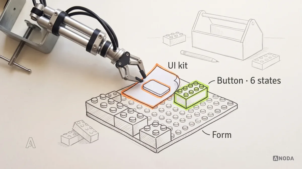 Mixed-media illustration: on a drawn baseplate labelled “Form”, a real steel robotic arm clamped at the left edge presses a flat paper cut-out of a button, outlined in orange and labelled “UI kit”, which curls up at the corner instead of attaching; next to it a drawn studded brick outlined in lime, labelled “Button · 6 states”, sits snapped into place.