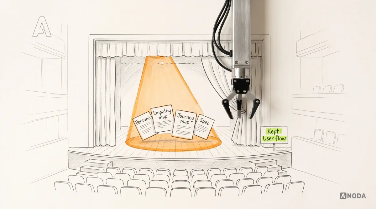 Mixed-media illustration: on a drawn theatre stage, paper documents labelled “Persona”, “Empathy map”, “Journey map” and “Spec” take a bow under an orange spotlight to rows of empty drawn seats; a real steel robotic arm hanging from the top pulls the drawn curtain closed, and a small lime sign at the side of the stage reads “Kept: User flow”.
