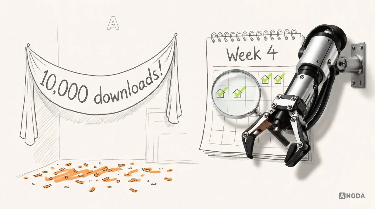 Mixed-media illustration: on the left, a sagging drawn party banner reading “10,000 downloads!” hangs over orange confetti scattered on the floor; on the right, a drawn wall calendar page headed “Week 4” shows only a few small drawn house icons ticked in lime; a real steel robotic arm on a wall bracket at the right edge holds a real magnifying glass over the calendar.