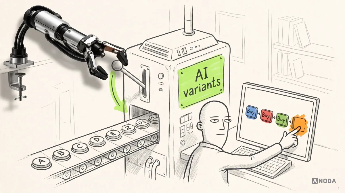 Mixed-media illustration: a machine with a lime “AI variants” panel spits buttons labelled A, B, C, D, E, Z, 0.1 and 0.2 onto a conveyor belt while a drawn long-time user reaches for a “Buy” button that has changed from blue to red to green and hits an empty spot highlighted orange; a real steel arm reaches for the machine’s lever to switch it off.