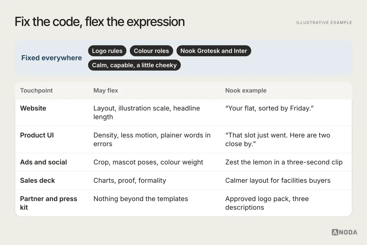 Illustrative example: a touchpoint matrix for the fictional Nook showing what stays fixed everywhere (logo rules, colour roles, typefaces, character words) and what flexes per touchpoint across website, product UI, ads and social, sales deck, and partner and press kit.