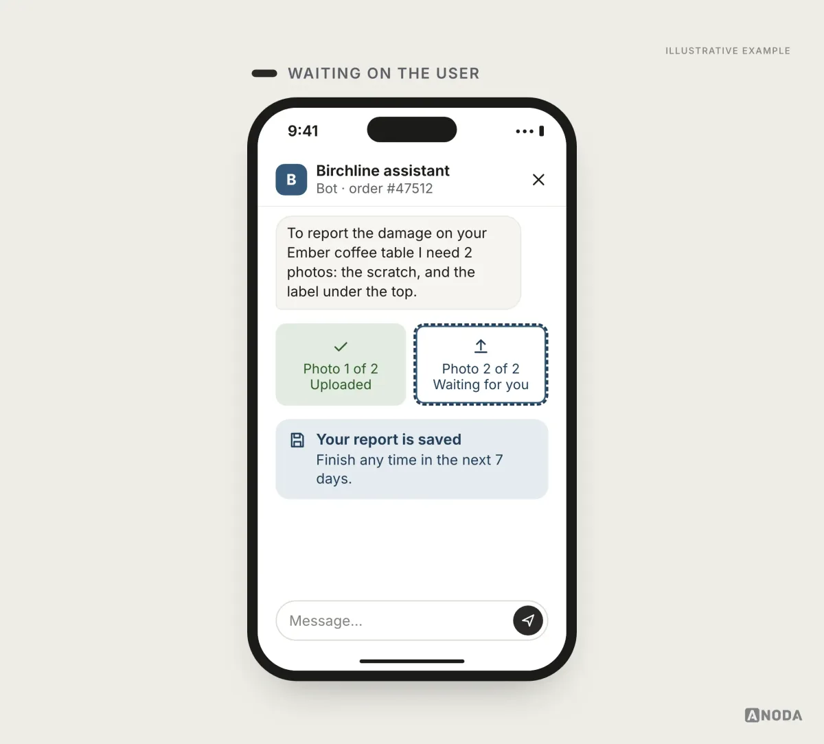 Illustrative example: a damage report waiting on the user, with the bot asking for two photos, one photo uploaded and the second still waiting, and a note that the report is saved and can be finished later.