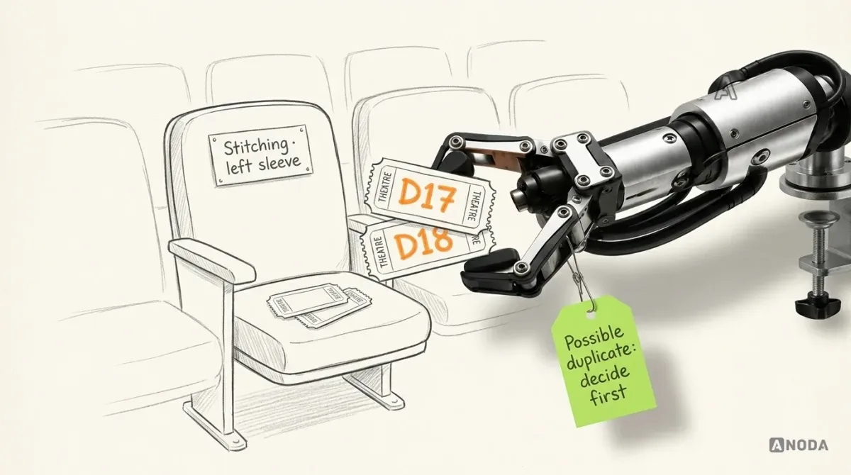 Mixed-media illustration: a drawn theatre seat with a plaque reading “Stitching · left sleeve” and two drawn tickets on it marked in orange “D17” and “D18”; a real steel arm from a table clamp at the right edge holds both tickets up side by side under a lime tag reading “Possible duplicate: decide first”.