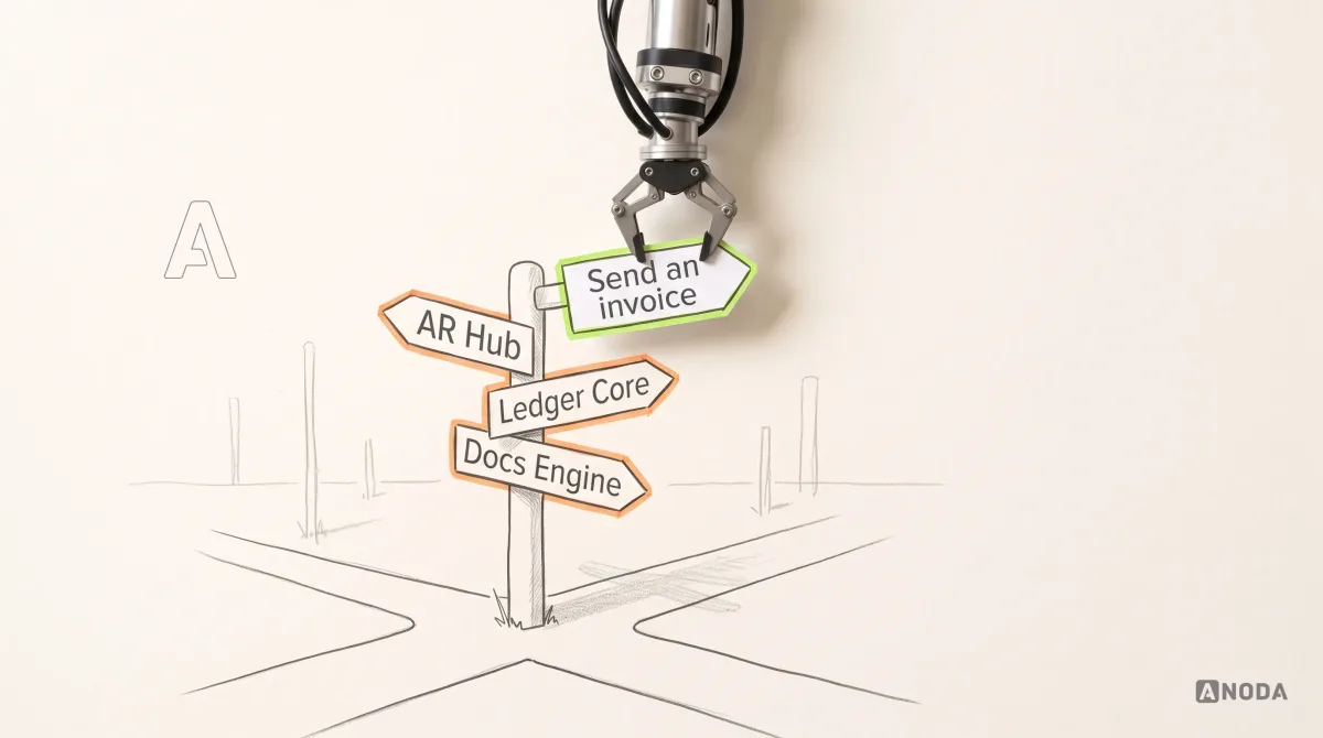 Mixed-media illustration: a drawn signpost at a crossroads has three arrows reading “AR Hub”, “Ledger Core” and “Docs Engine”, outlined in orange; a real steel arm hangs a new drawn arrow outlined in lime reading “Send an invoice” at the top of the post.