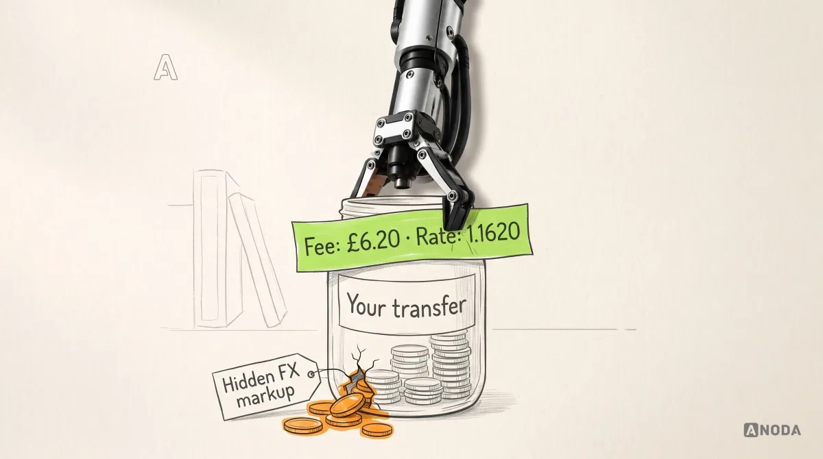Mixed-media illustration: a drawn glass jar labelled “Your transfer” holds drawn coins, with a small drawn crack at the bottom leaking orange coins labelled “Hidden FX markup”; a real steel robotic arm hanging from the top edge presses a lime label reading “Fee: £6.20 · Rate: 1.1620” across the front of the jar.