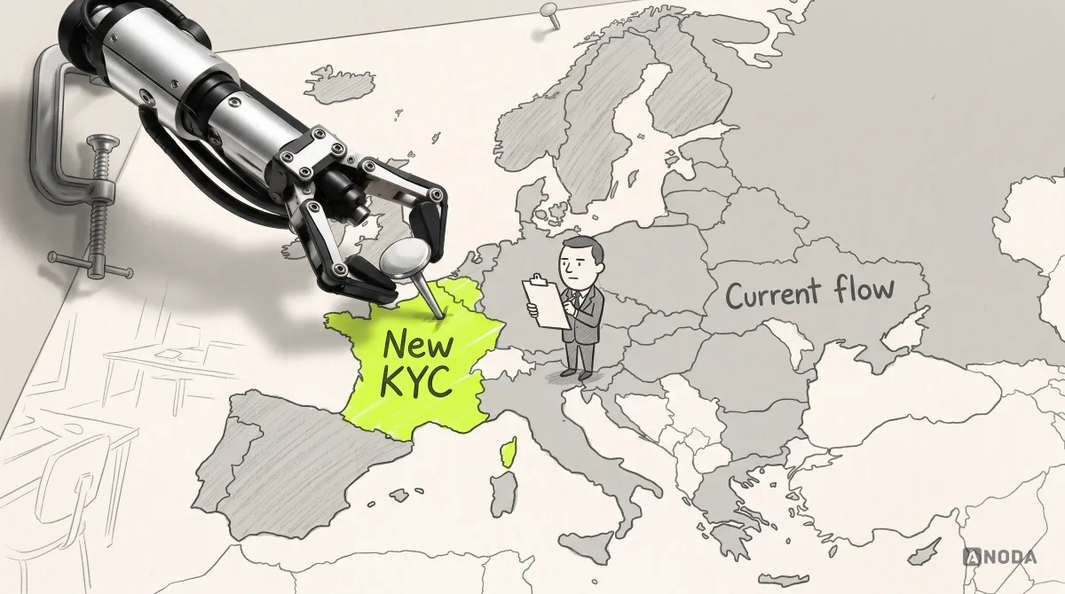 Mixed-media illustration: a drawn map of Europe pinned to a wall with one country highlighted lime and labelled “New KYC”, the rest grey and labelled “Current flow”, a drawn analyst with a clipboard watching; a real steel arm pushes a real pushpin into the lime region.