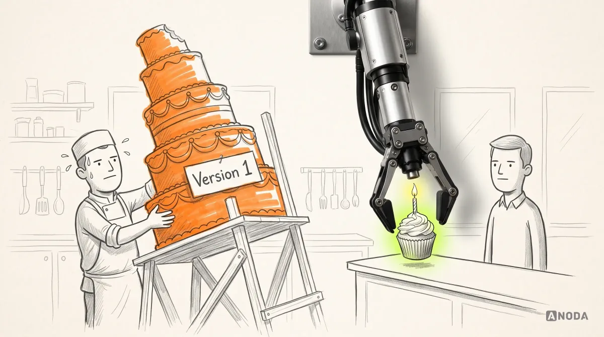 Mixed-media illustration: a drawn baker props up a leaning, half-built orange wedding cake labelled “Version 1” on scaffolding, while a real steel arm hanging from the top sets a real cupcake with one lit candle in front of a waiting customer.