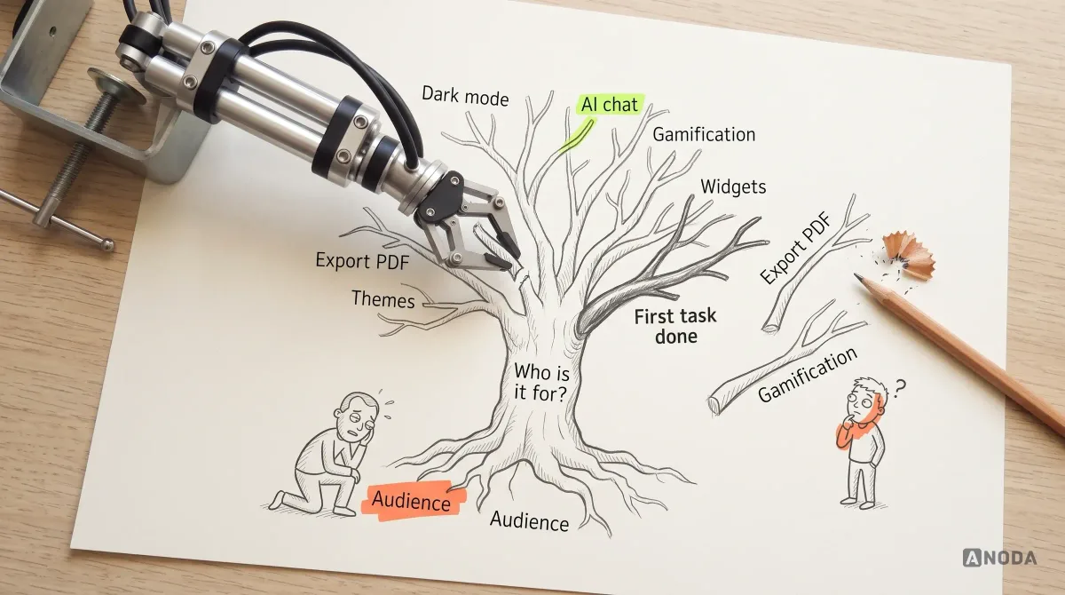 A real steel robotic arm grips a branch of a hand-drawn tree labelled with features such as “Dark mode”, “AI chat” and “Widgets”, whose trunk reads “Who is it for?” and whose roots read “Audience”, with two cut branches lying on the paper.