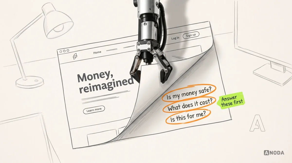 Mixed-media illustration: a drawn fintech homepage with the headline "Money, reimagined" lies on paper; a real steel robotic arm hanging from the top lifts the hero section like a flap, revealing hand-written questions underneath circled in orange: "Is my money safe?", "What does it cost?", "Is this for me?", with a small lime tag "Answer these first".