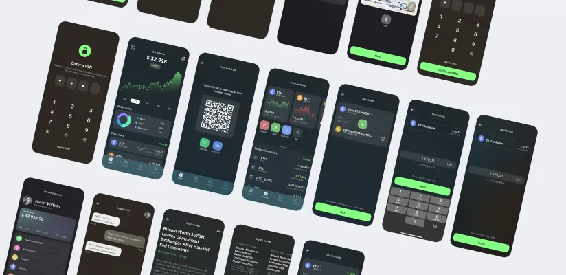 Dark mobile cryptocurrency interface designs showing authentication, balances, transfers, and transaction details.