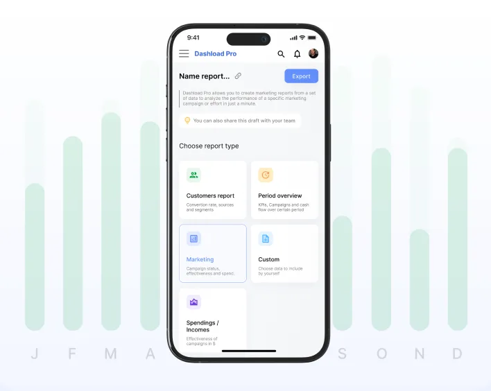 Dashload Pro mobile report setup with report name, export and report-category controls.