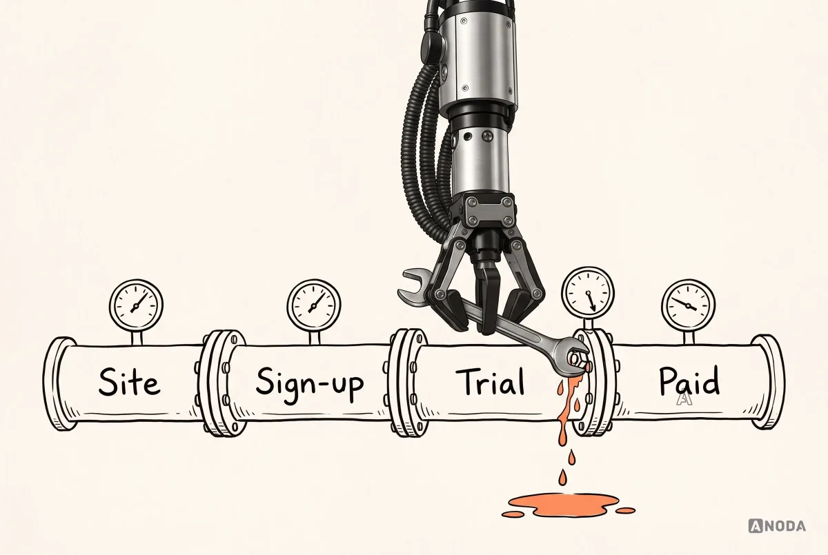 Mixed-media illustration: a real steel arm hanging from the top tightens, with a real spanner, the leaking joint between “Trial” and “Paid” on a drawn pipe labelled “Site”, “Sign-up”, “Trial” and “Paid”, while orange drops fall into a puddle below.