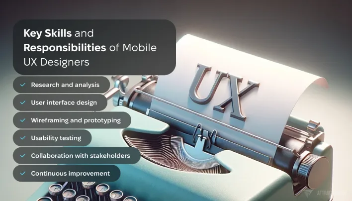 Visual representation of UX design skills and responsibilities in mobile application development and user experience enhancement.