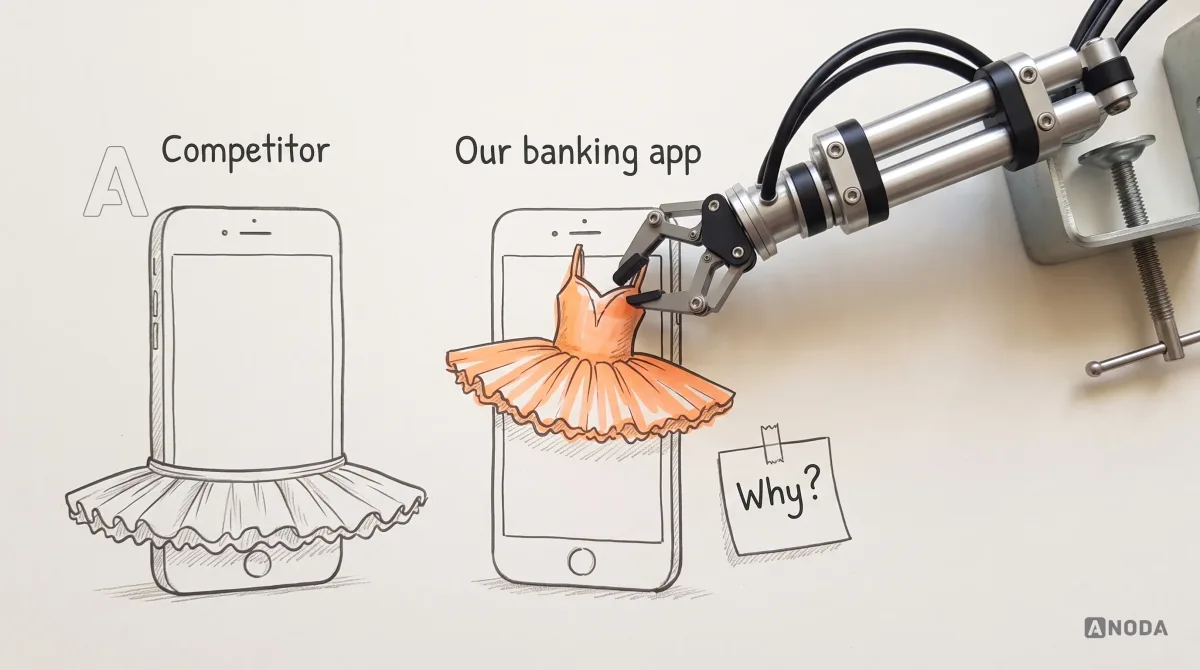 Mixed-media illustration: two drawn smartphones stand on paper like dolls; the left one, labelled “Competitor”, wears a drawn ballet tutu, and a real steel robotic arm lowers a small real orange tutu onto the right one, labelled “Our banking app”, beside a sticky note reading “Why?”.