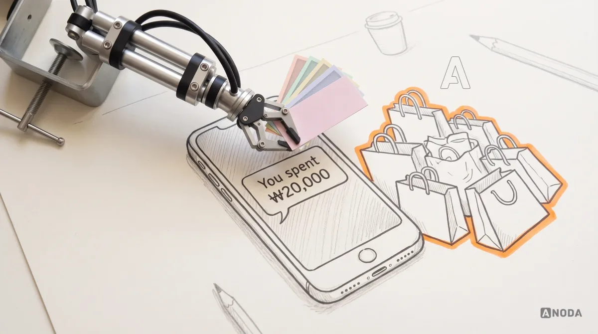 Mixed-media illustration: a drawn smartphone shows a notification “You spent ₩20,000” next to a growing drawn pile of shopping bags outlined in orange; a real steel robotic arm holds a fan of plain pastel toy banknotes above the phone.