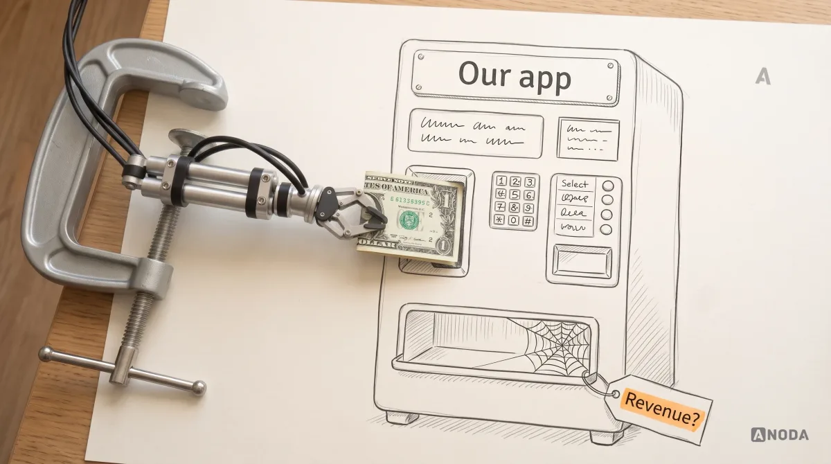 Mixed-media illustration: a real steel robotic arm feeds a real one-dollar bill into a drawn vending-style machine labelled “Our app”; the output tray holds only a drawn cobweb and a small tag reading “Revenue?”, highlighted in orange.