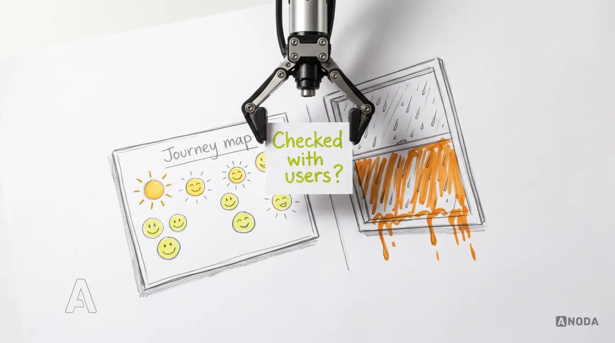 Mixed-media illustration: a drawn weather-forecast board painted with cheerful drawn suns and smiley faces and labelled “Journey map”, while outside a drawn window beside it heavy rain pours down in orange strokes, and a real steel arm hanging from the top holds up a small real white card hand-lettered in lime: “Checked with users?”.