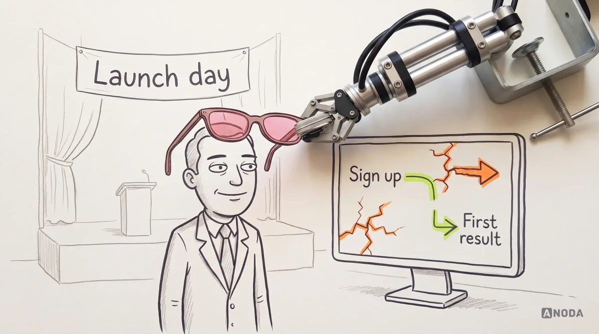 Mixed-media illustration: a drawn CEO smiles at an onboarding screen on a large monitor beside a “Launch day” banner while a real steel arm lifts a pair of real rose-tinted glasses off his face, revealing orange cracks, a dead-end arrow and a lime path from “Sign up” to “First result” that stops halfway.