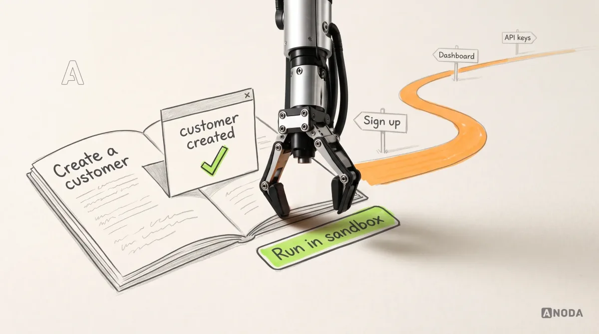 Mixed-media illustration: a drawn open documentation page headed “Create a customer”, from which a drawn window pops up like a pop-up book showing “customer created” with a lime tick; a real steel robotic arm hanging from the top edge presses a lime “Run in sandbox” button, while behind the page an orange winding path of drawn signs “Sign up”, “Dashboard” and “API keys” trails off into the distance.