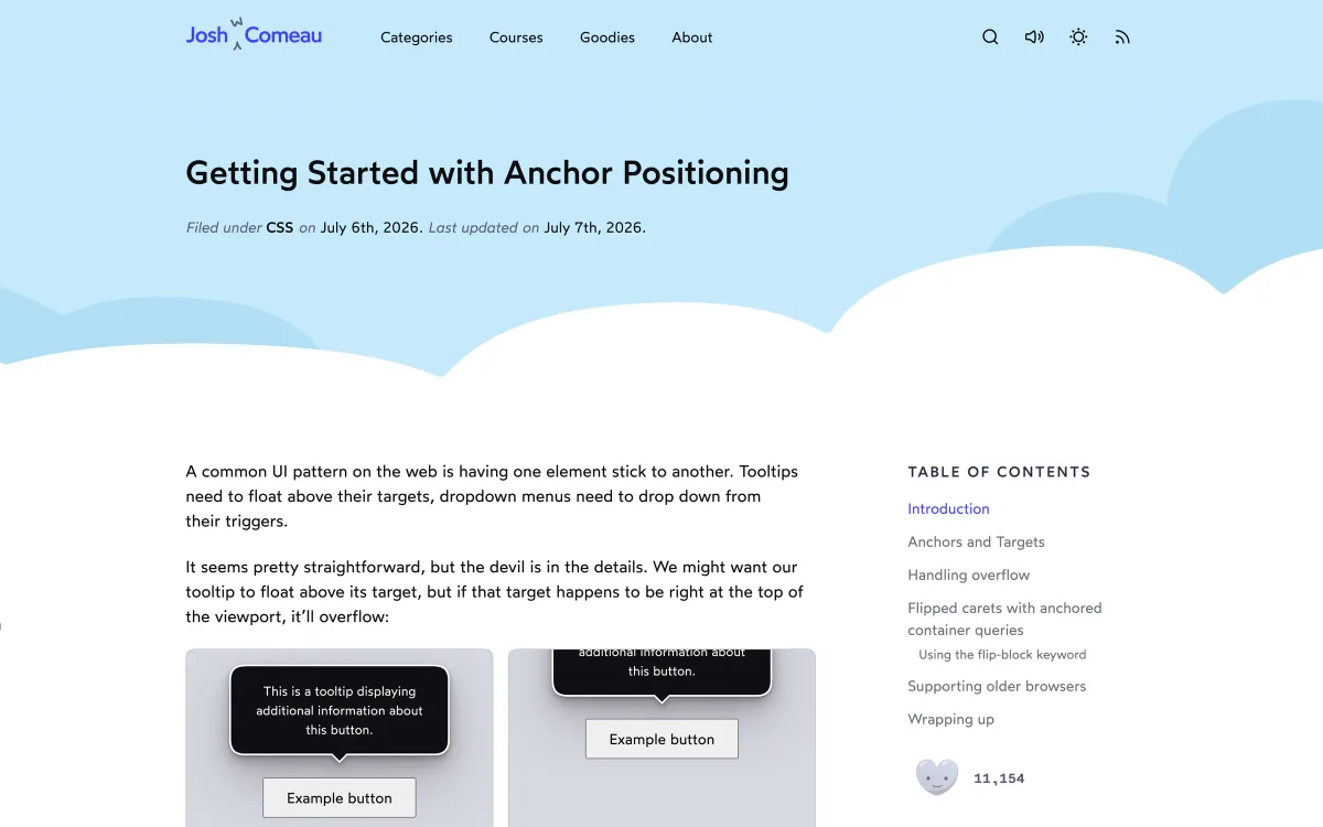 Josh W. Comeau tutorial page: “Getting Started with Anchor Positioning”, published 6 July 2026, with interactive tooltip examples and a table of contents.