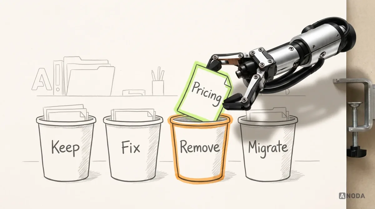 Mixed-media illustration: four drawn bins labelled “Keep”, “Fix”, “Remove” and “Migrate” stand on paper, the “Remove” bin outlined in orange; a real steel arm on a table clamp lifts a drawn page card labelled “Pricing”, glowing lime, back out of the “Remove” bin.