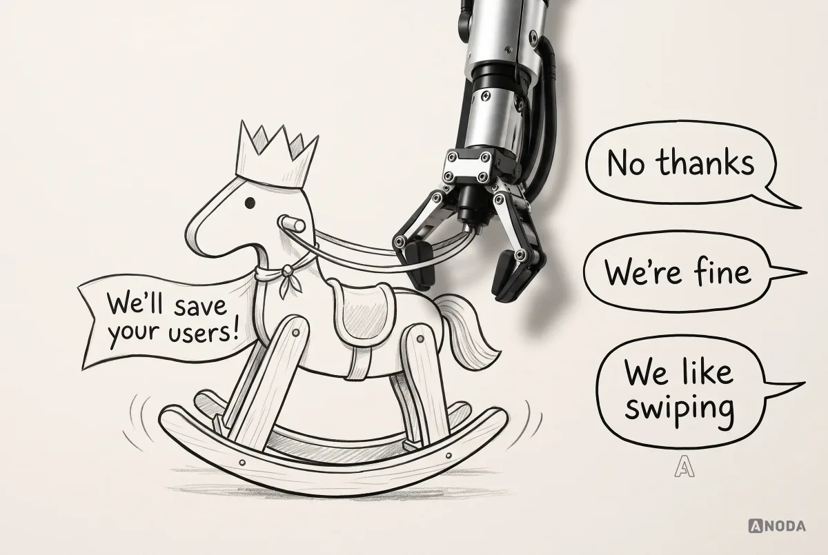 Mixed-media illustration: a real steel arm holds the reins of a drawn toy rocking horse wearing a paper crown and a “We’ll save your users!” banner, turning it away from three speech bubbles saying “No thanks”, “We’re fine” and “We like swiping”.