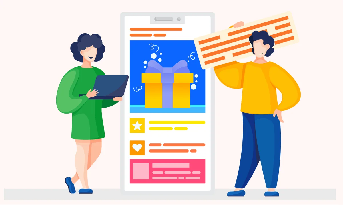 Two individuals display a smartphone featuring a gift box, highlighting essential UI UX technologies for outstanding design.