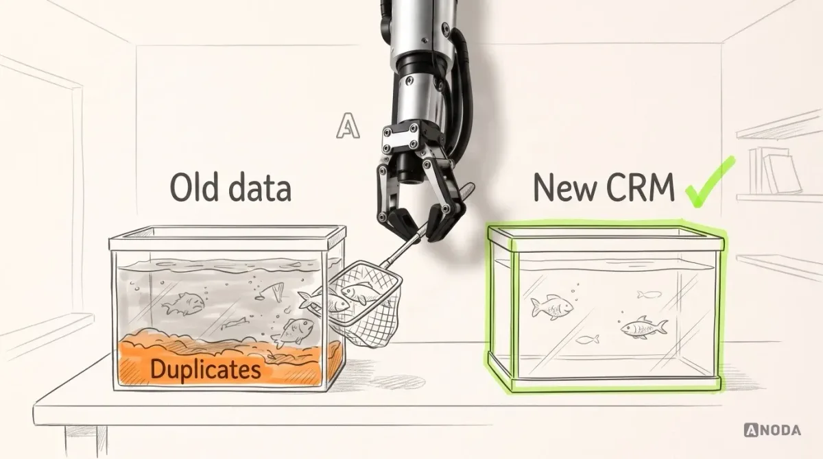 Mixed-media illustration: a murky drawn tank labelled “Old data” with orange sludge marked “Duplicates”, a clean tank labelled “New CRM”, and a real steel arm lifting fish across with a real net, leaving the sludge behind.