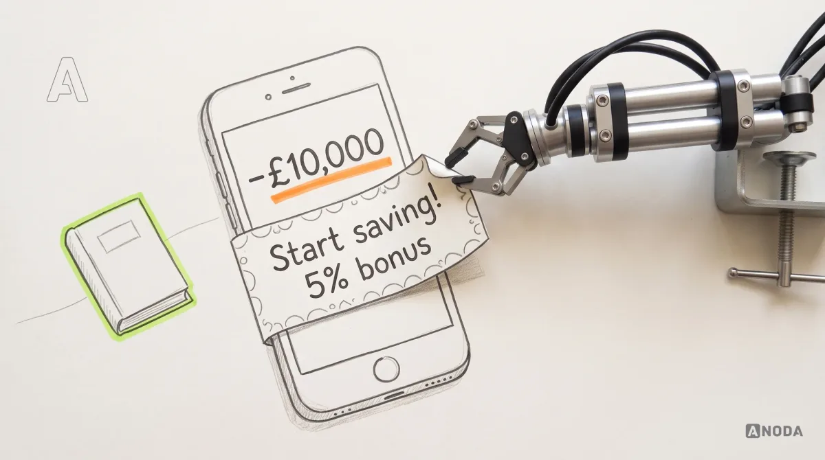 Mixed-media illustration: a drawn smartphone shows a credit card balance “−£10,000” underlined in orange, with a cheerful drawn banner “Start saving! 5% bonus” slapped across the screen; a real steel robotic arm peels the banner off by one corner.