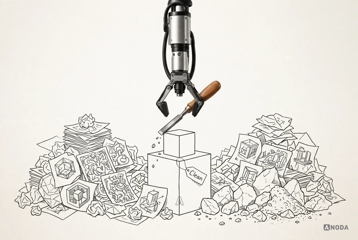 Mixed-media illustration: a real steel arm hanging from the top taps a real chisel on a small plain drawn cube labelled “Clean” on a plinth, between two huge heaps of crumpled sketches, rejected designs and chipped marble.