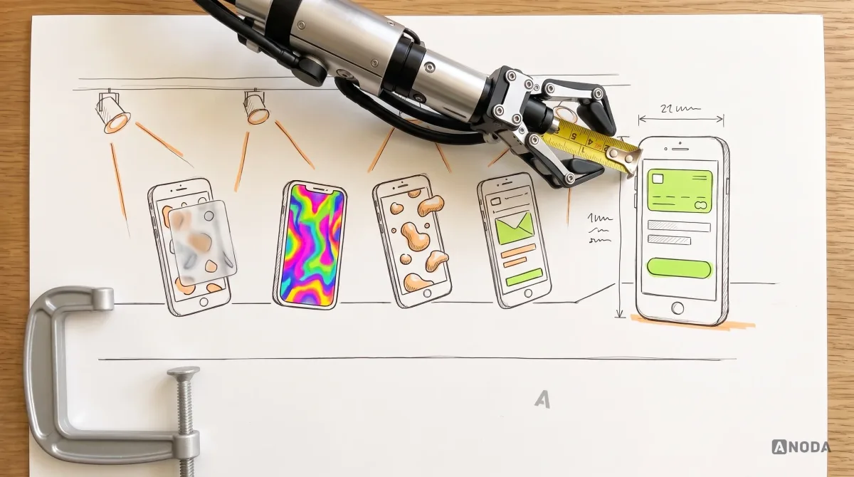 Mixed-media illustration: a drawn catwalk with a line of drawn phone screens in fashionable styles, glass, gradients and 3D blobs, marked in orange; a real steel robotic arm holds a real small tape measure against one plain, well-structured screen at the end, which is highlighted in lime.