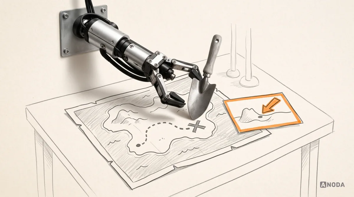 Mixed-media illustration: a real steel arm from the left holds a real garden trowel over the X on a drawn treasure map, beside an orange-marked clue card that simply points to the spot