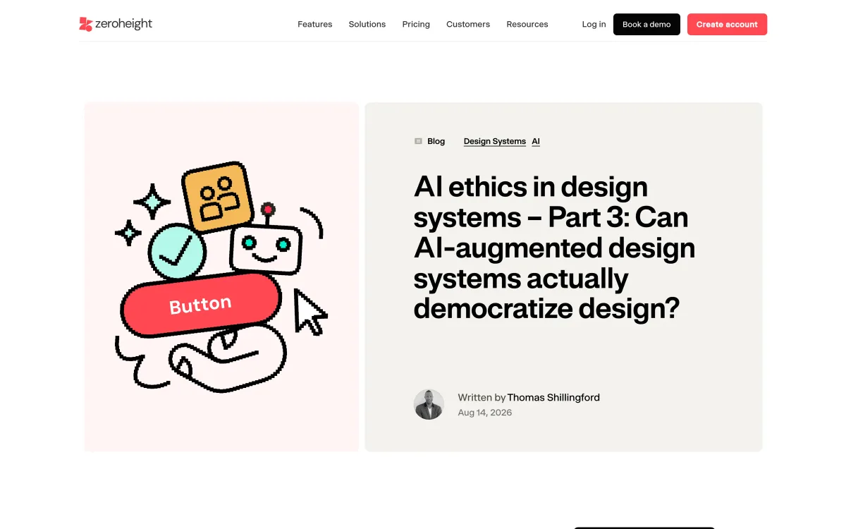 zeroheight article page: “AI ethics in design systems – Part 3: Can AI-augmented design systems actually democratize design?”, dated 14 August 2026.