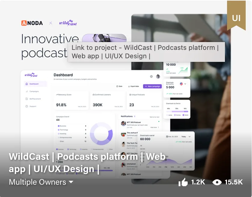 Videocast web app interface showcasing Wildcast, an award-winning podcast platform featured on Behance.