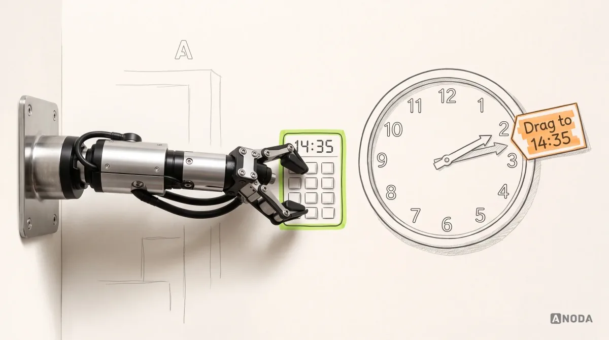 Mixed-media illustration: a large drawn clock-face time picker lies on paper with its hand stuck between numbers and an orange note reading “Drag to 14:35”; a real steel robotic arm on a wall bracket at the left edge ignores the dial and taps a small lime-outlined drawn keypad card, where “14:35” is already typed.