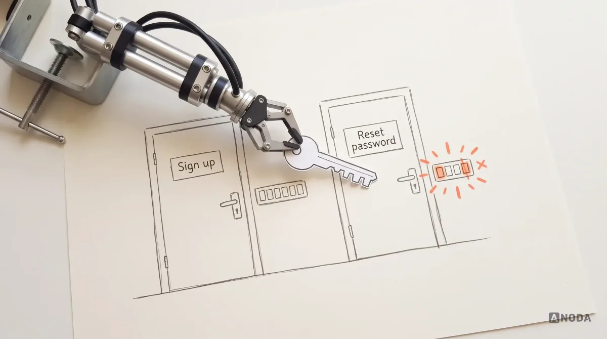 Mixed-media illustration: two drawn doors side by side, “Sign up” with a six-box code keypad and “Reset password” with a four-box keypad marked in orange, while a real steel arm holds up a drawn multi-toothed key towards the reset-password door.