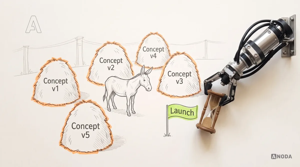 Mixed-media illustration: a thin drawn donkey stands in the middle of five drawn haystacks labelled “Concept v1” to “Concept v5”, all outlined in orange; a real steel robotic arm on a wall bracket sets a real small hourglass, its sand nearly run out, next to a drawn lime flag reading “Launch”.