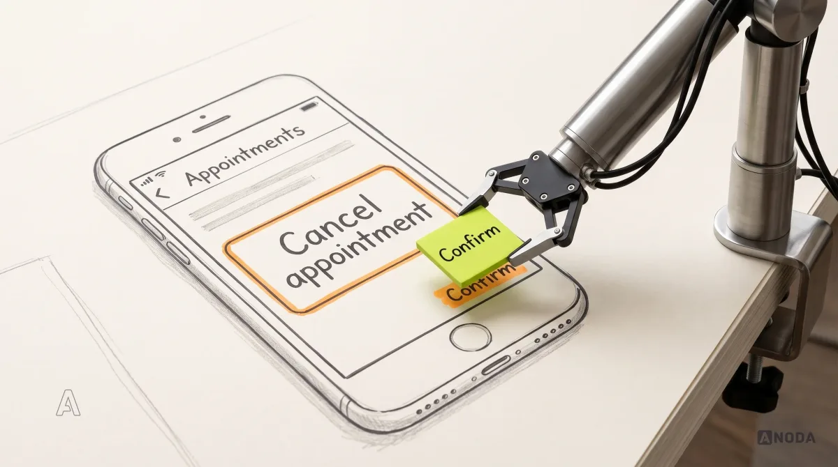 Mixed-media illustration: a drawn phone shows an appointment screen with a large “Cancel appointment” button and a tiny “Confirm” link squeezed beside it, both traced in orange; a real steel robotic arm clamped at the frame edge sets a large lime tile reading “Confirm” over the tiny link, sized to a fingertip.
