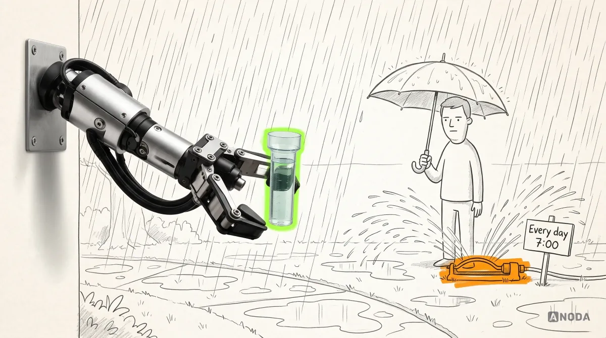 Mixed-media illustration: a drawn garden in heavy rain with an orange lawn sprinkler still spraying beside a sign reading “Every day 7:00” and a homeowner under an umbrella, while a real steel arm holds up a real rain gauge full of water.