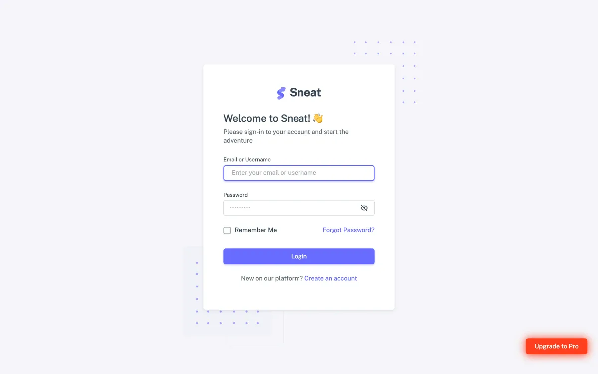 Sneat Free login page: a centred card with email and password fields, a remember-me checkbox, a forgotten-password link and an “Upgrade to Pro” button in the corner.
