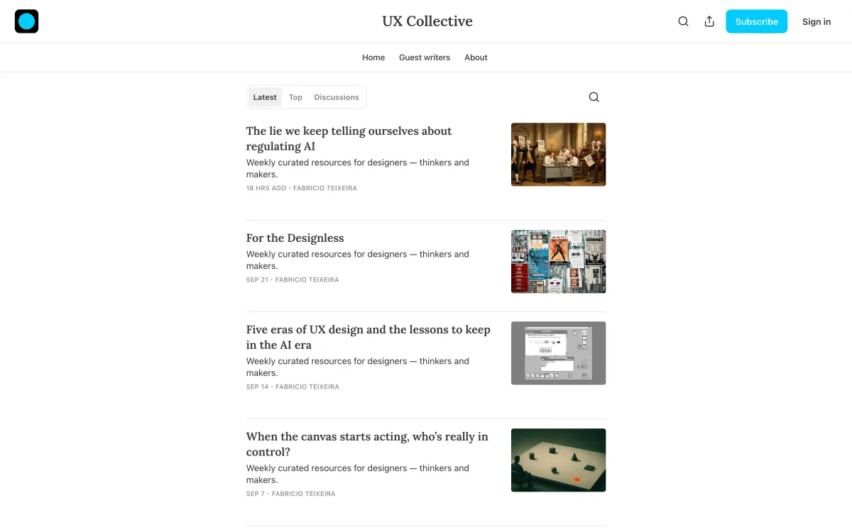 UX Collective newsletter archive: a Substack archive of recent issues, including “The lie we keep telling ourselves about regulating AI” and “Five eras of UX design and the lessons to keep in the AI era”.
