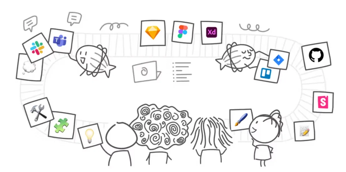 Illustrated people around a table surrounded by design and collaboration tool symbols.