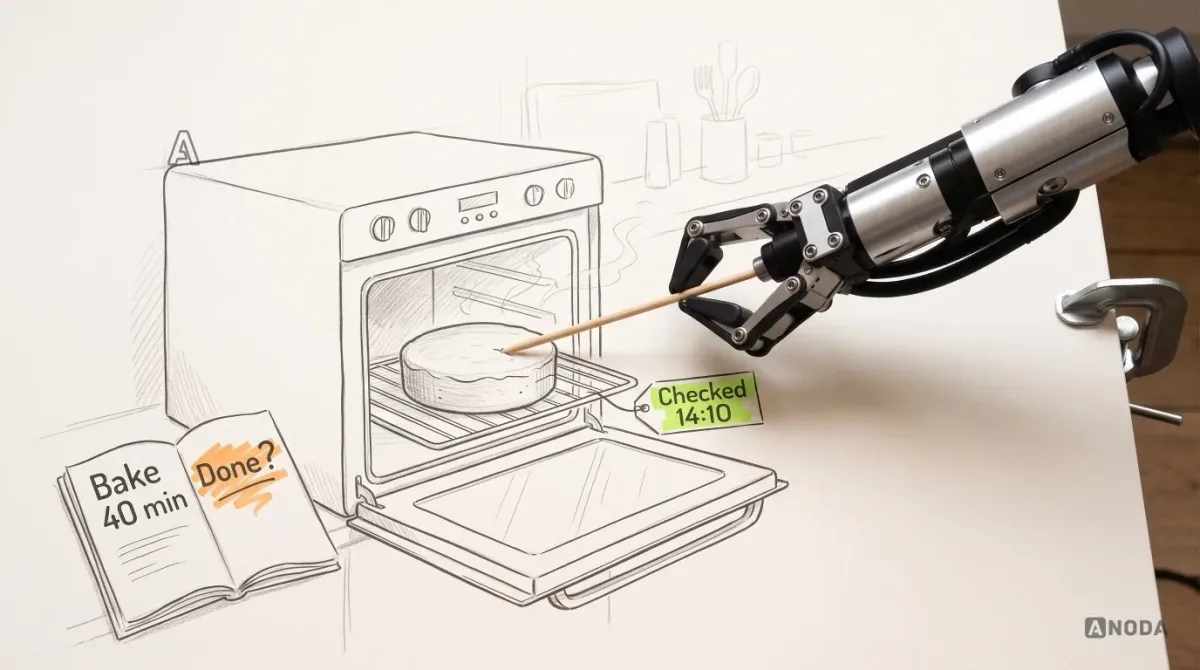 Mixed-media illustration: a drawn cake in a drawn oven beside an open cookbook page reading “Bake 40 min” with an orange “Done?” scribbled next to it; a real steel arm from a table clamp at the right edge pushes a real wooden skewer into the cake, and a lime label beside it reads “Checked 14:10”.