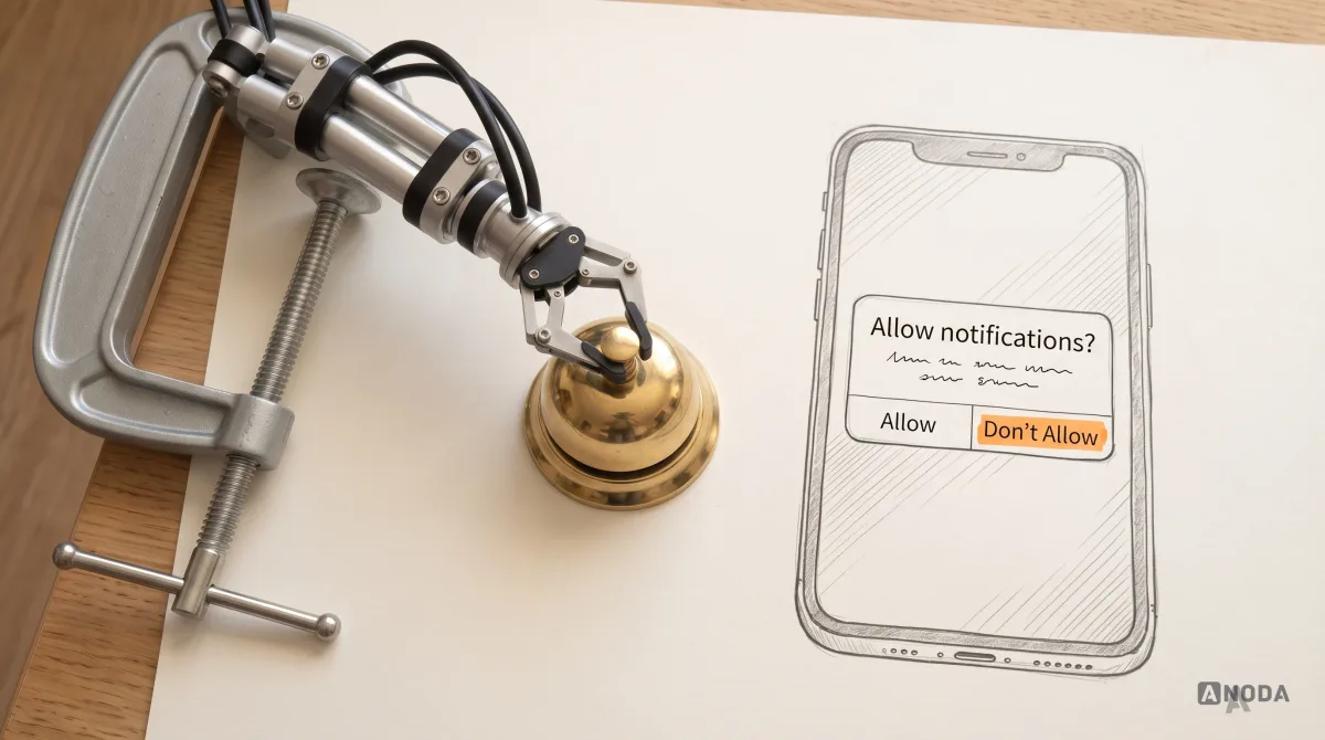 Mixed-media illustration: a drawn smartphone shows a system dialog “Allow notifications?” with “Allow” and “Don’t Allow” buttons, “Don’t Allow” highlighted in orange, while a real steel robotic arm presses a real brass service bell beside it and nobody comes.