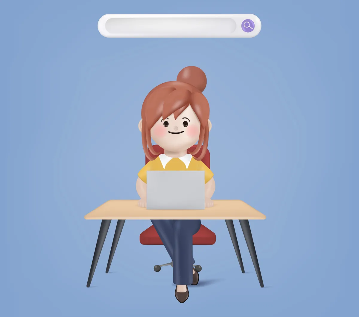 A cartoon woman working at a desk with a laptop, illustrating the app design process in a comprehensive guide.
