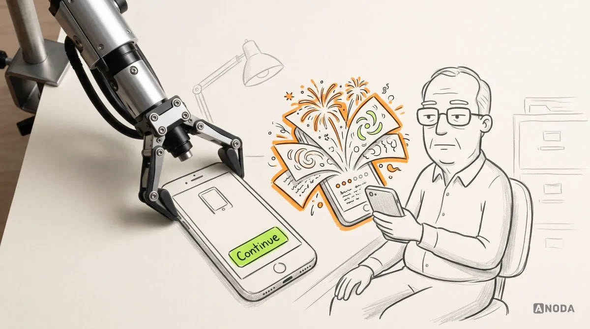 Mixed-media illustration: a drawn older man holds a phone bursting with colourful animated onboarding slides, fireworks and tiny progress dots circled in orange, while a real steel arm slides towards him a second phone showing one calm screen with a simple picture of the app and a large “Continue” button in lime.