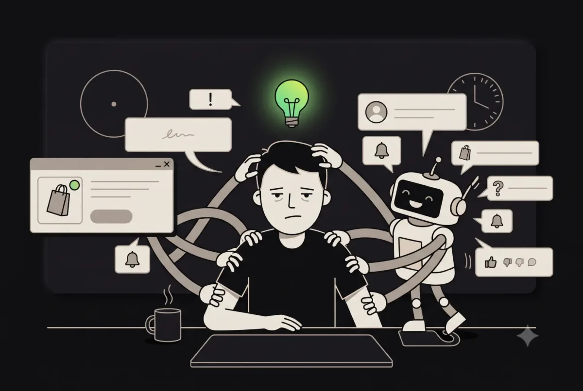 A designer swamped by the AI’s endless upsell pop-ups and notifications, their focus shrinking to a tiny glow